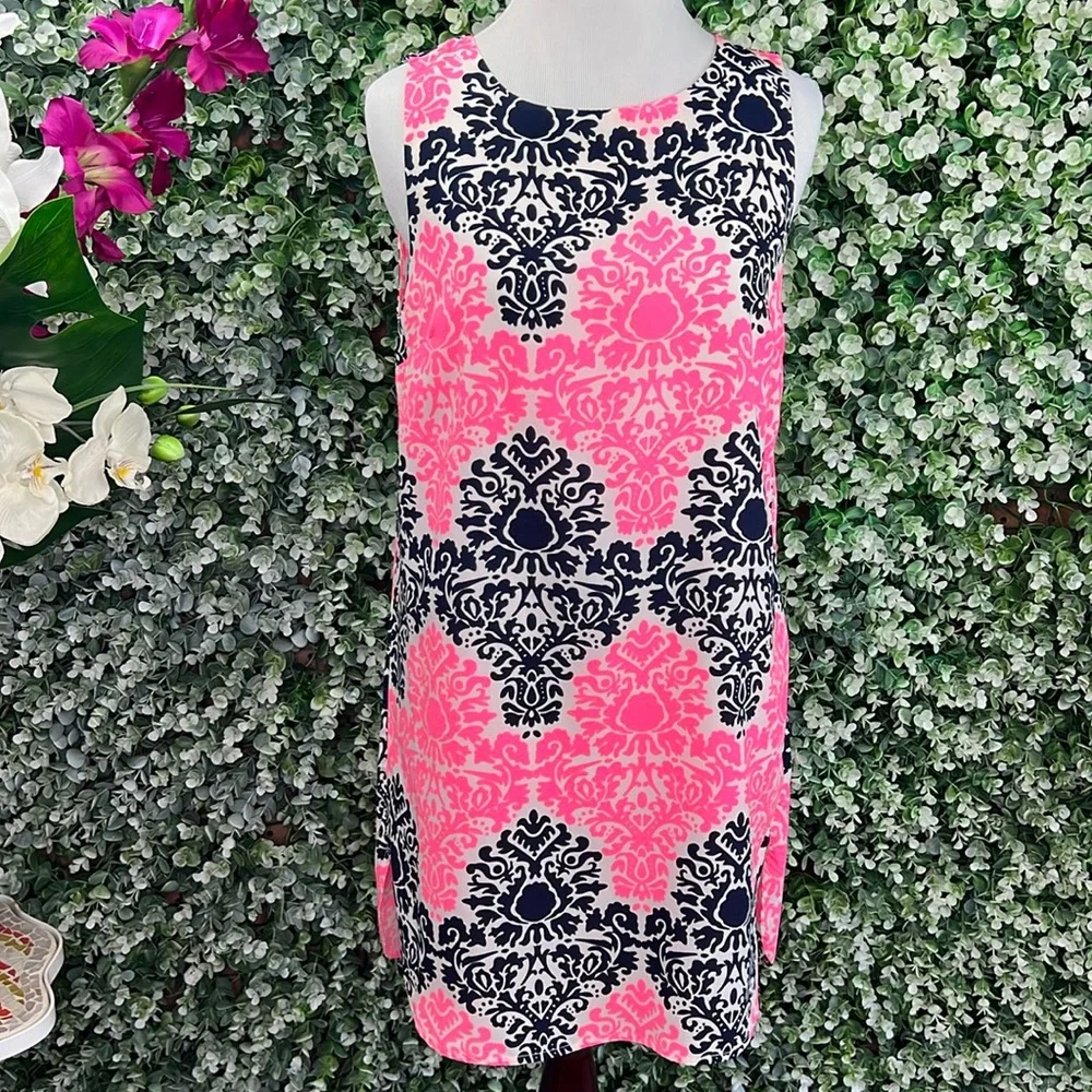 Monteau Sleeveless Open Back Printed Shift Dress Pink Black White